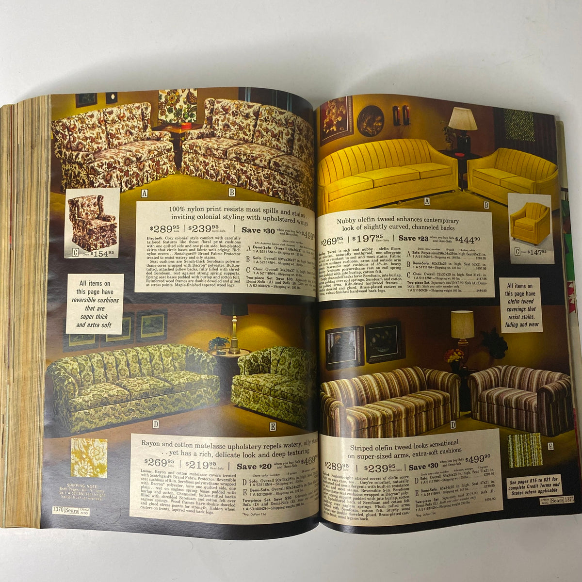Living room furniture selection from the 1971 Sears Roebuck and Co. Spring and Summer Catalog highlighting sofas and upholstery with 70s textile designs.