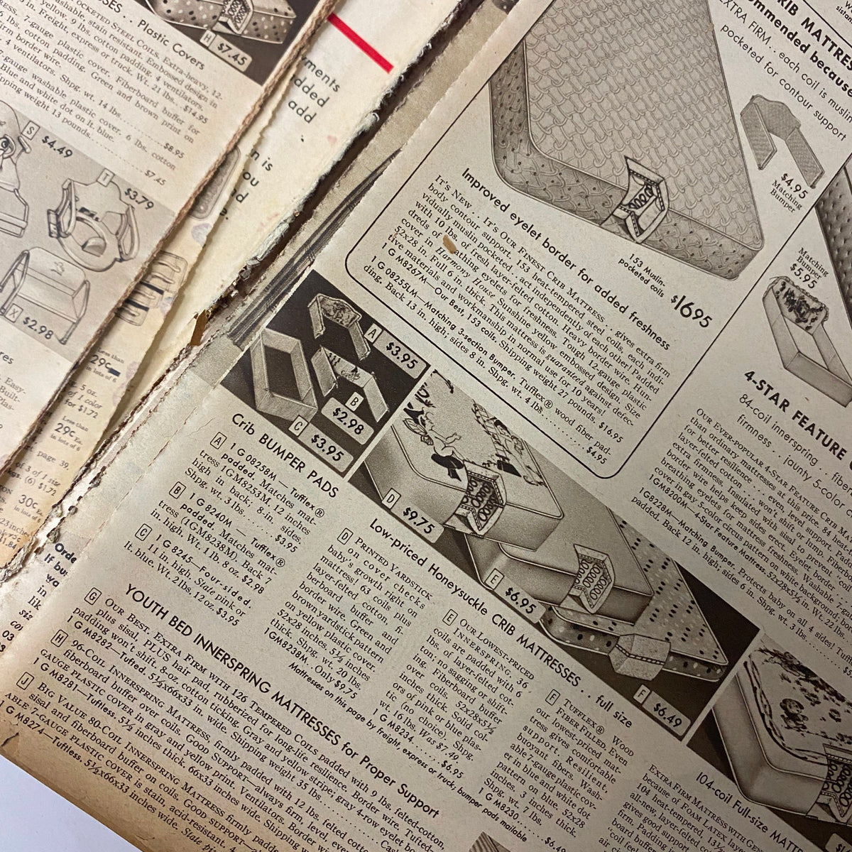 Close-up of nursery furniture listings in the 1954 Sears Roebuck and Co. Fall and Winter Catalog, featuring cribs and bedding options with price details.