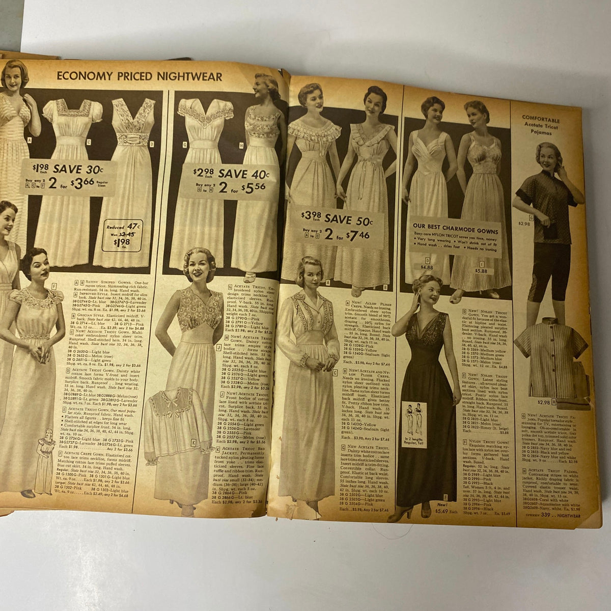 Interior page from the 1954 Sears Roebuck and Co. Fall and Winter Catalog displaying a selection of economy-priced nightwear options with prices starting at $1.98.