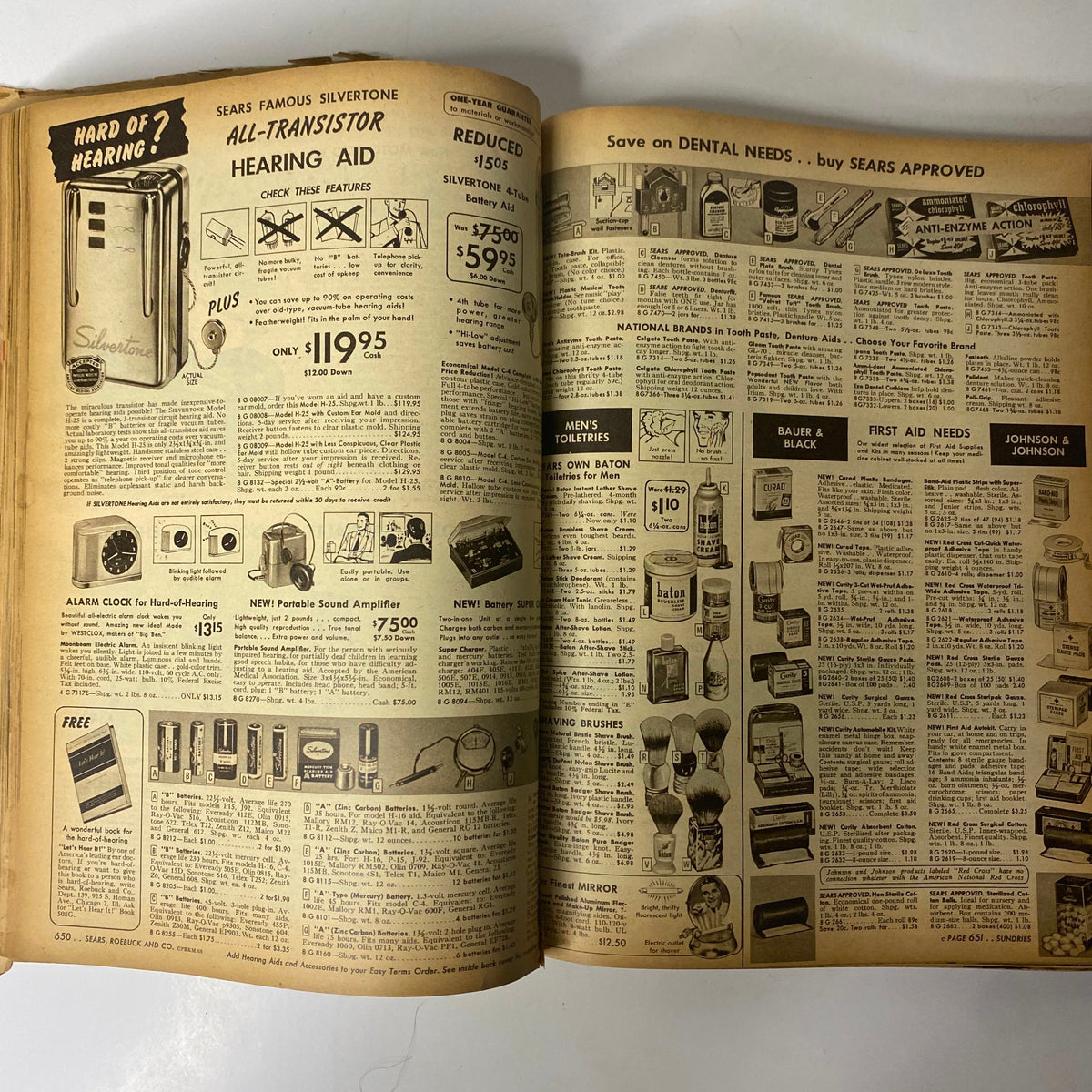 Interior page of the 1954 Sears Roebuck and Co. Fall and Winter Catalog showcasing hearing aids, dental needs, and men's toiletries with vintage advertisements.