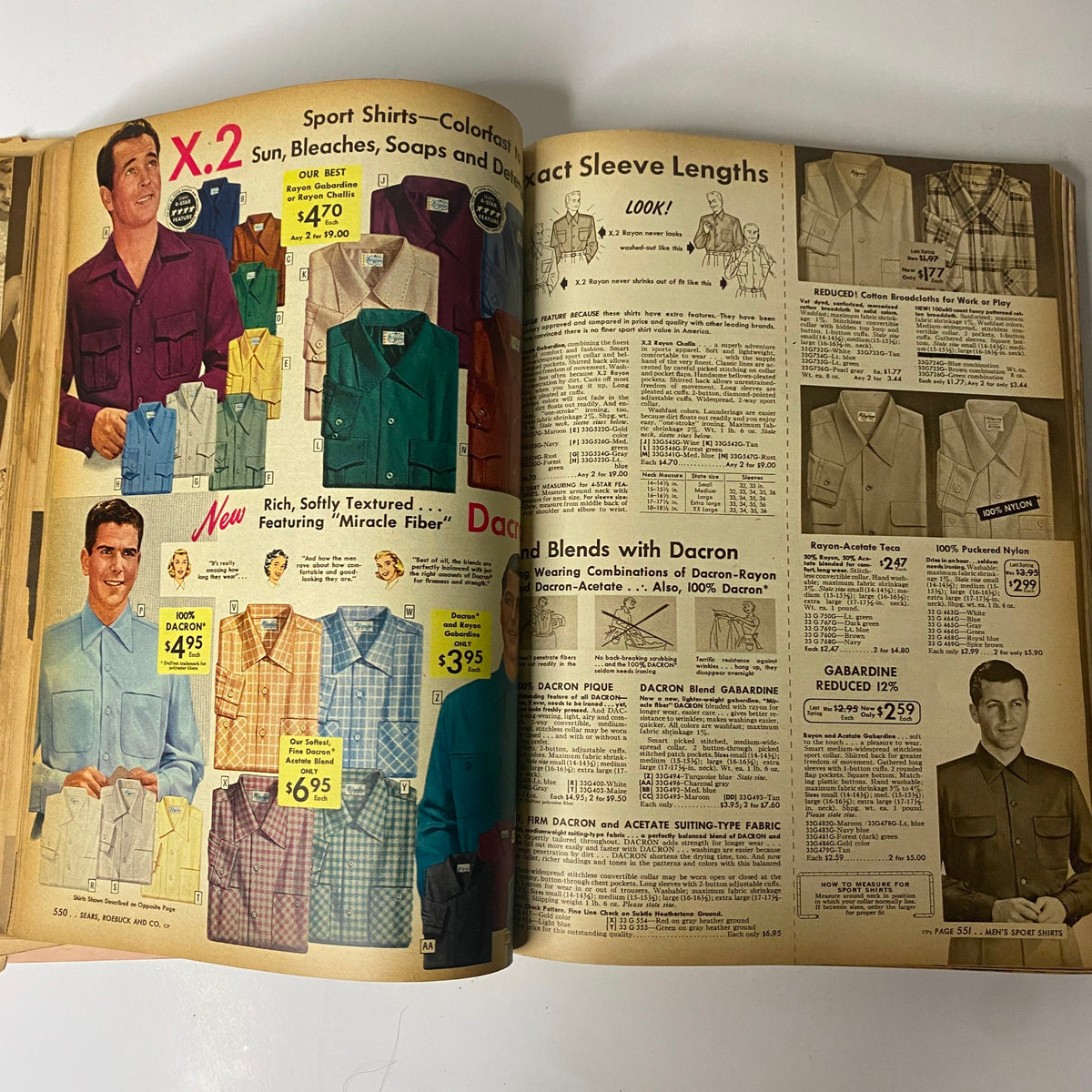 Interior page of the 1954 Sears Roebuck and Co. Fall and Winter Catalog displaying various sport shirts and information on fabric choices with pricing.