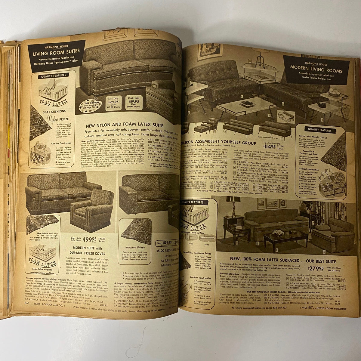 Interior page of the 1954 Sears Roebuck and Co. Fall and Winter Catalog demonstrating modern living room suites and furniture designed for comfort.