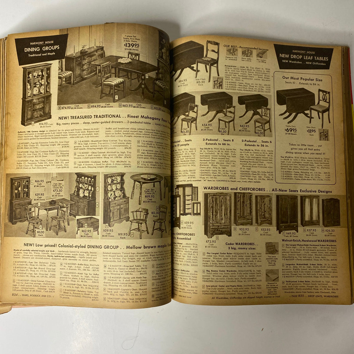 Interior page of the 1954 Sears Roebuck and Co. Fall and Winter Catalog illustrating dining groups including drop leaf tables and traditional dining furniture.