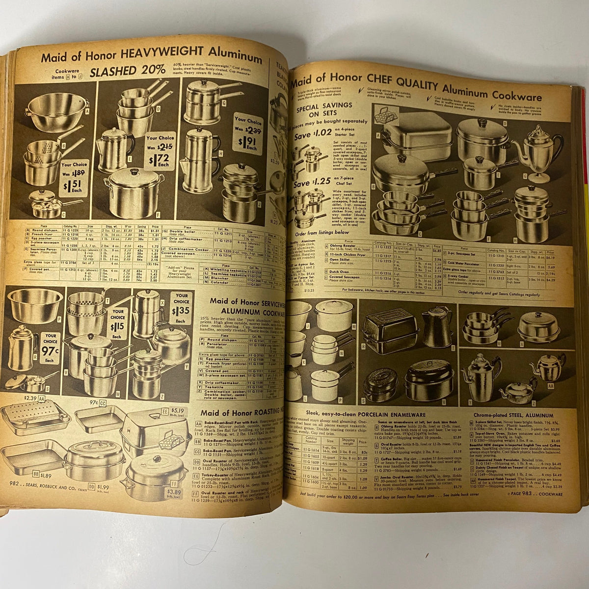 Interior page of the 1954 Sears Roebuck and Co. Fall and Winter Catalog showcasing Maid of Honor heavy-weight aluminum cookware with price listings and product images.