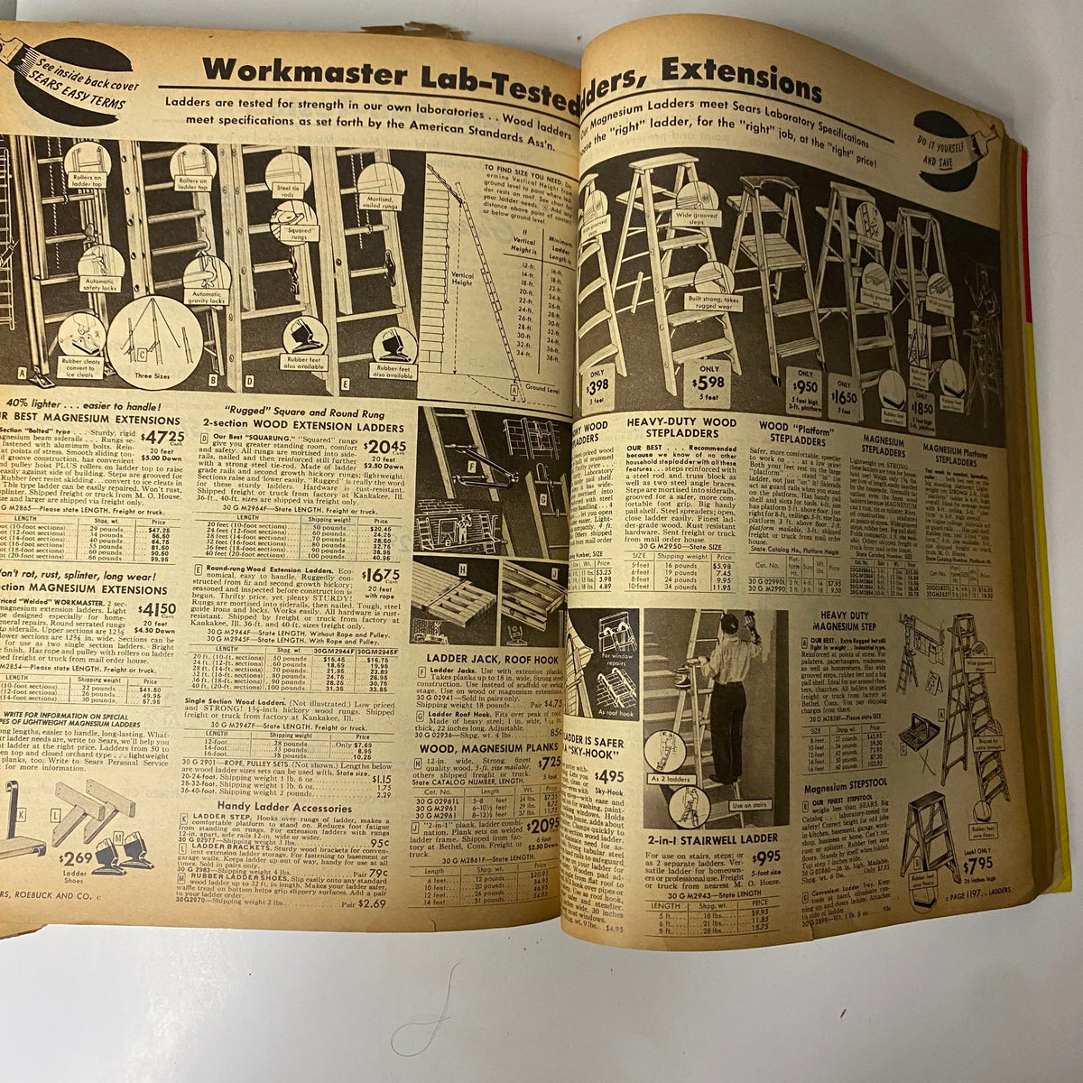 Interior page of the 1954 Sears Roebuck and Co. Fall and Winter Catalog featuring Workmaster lab-tested ladders with product descriptions and pricing details.