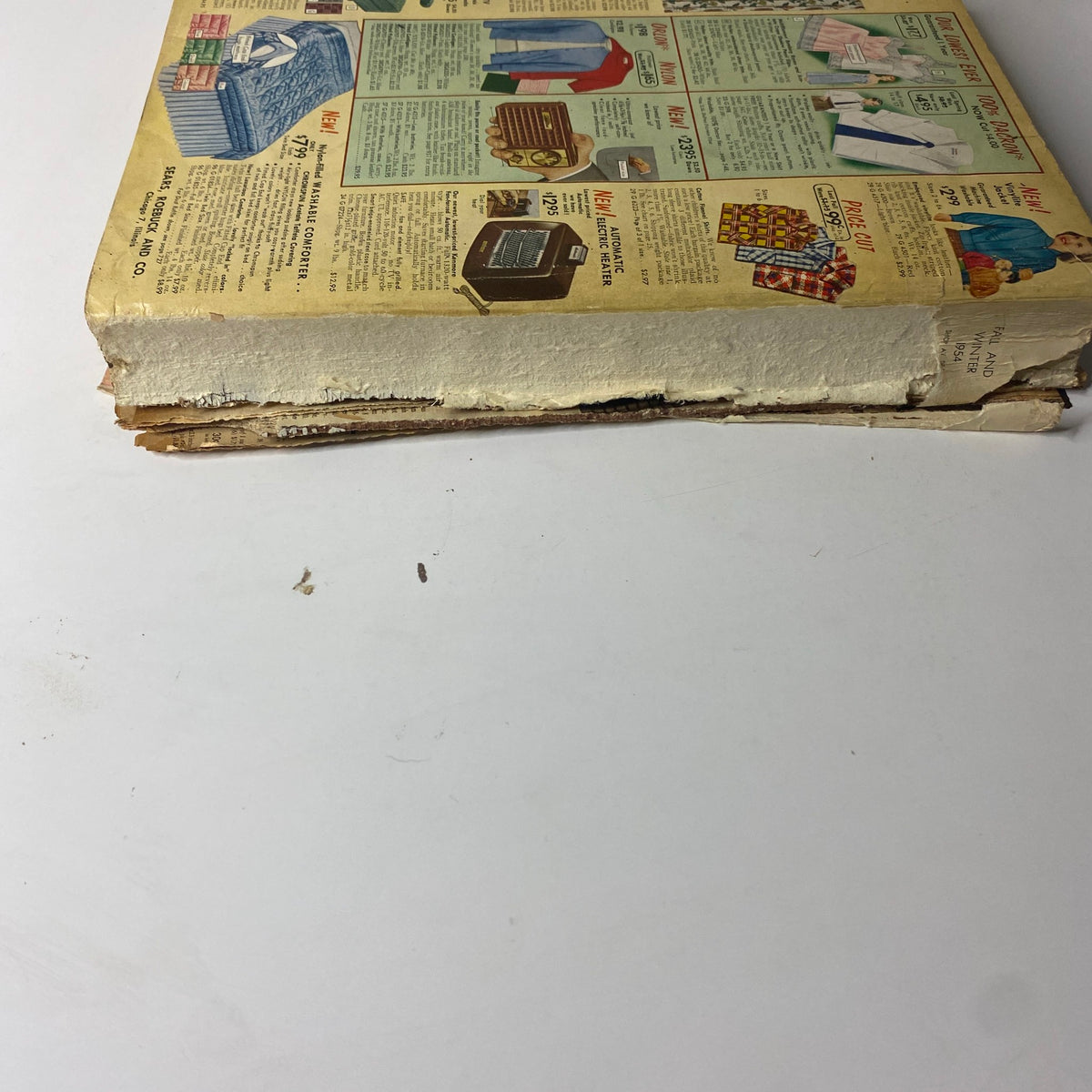 Side view of the 1954 Sears Roebuck and Co. Fall and Winter Catalog showing the weathered spine and worn edges, indicating its vintage quality.