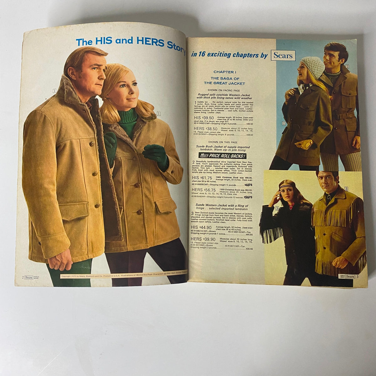 Inside spread of the 1970 Sears Roebuck and Co. Fall and Winter Catalog featuring men’s and women’s jackets in various styles, emphasizing the captivating fashion trends of the early '70s.