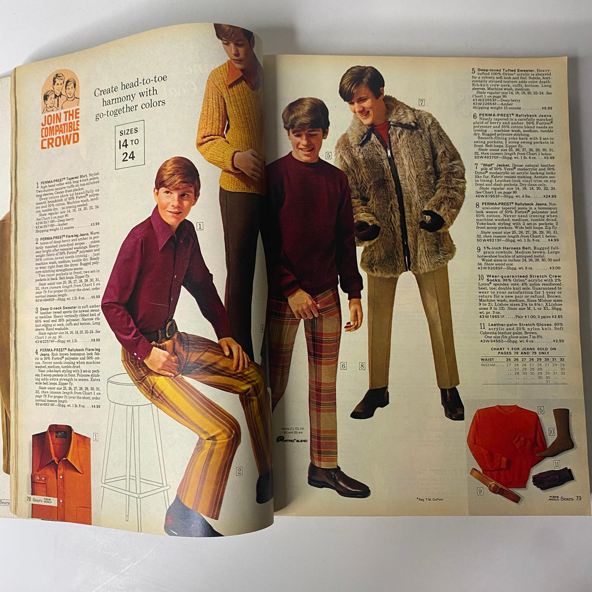 1970 Sears Roebuck and Co. Fall and Winter Catalog showcasing young men's fashion, including colorful sweaters and patterned pants, reflecting the style trends of the early 1970s.