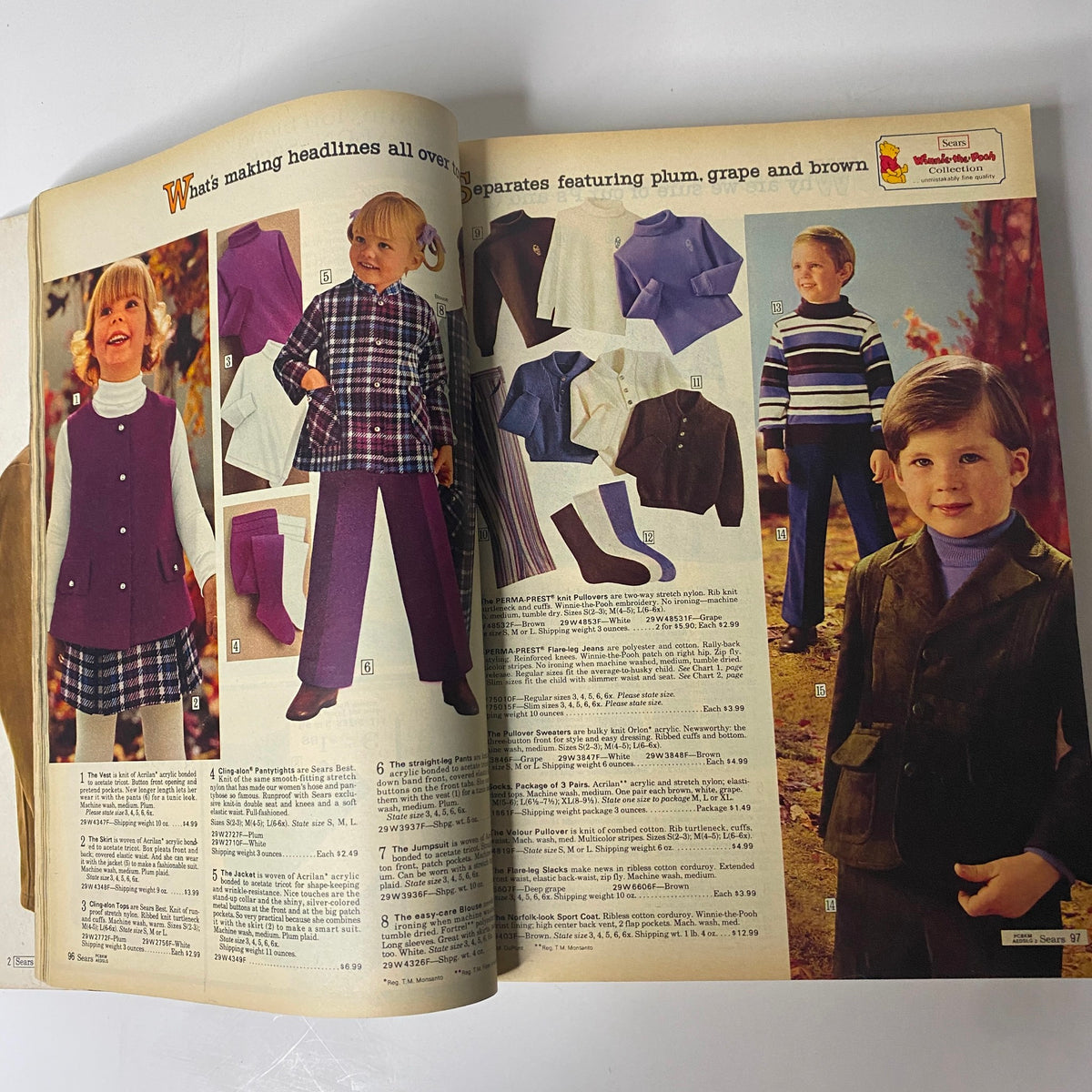 1970 Sears Roebuck and Co. Fall and Winter Catalog displaying children's fashion, with kids dressed in trendy outfits featuring vibrant colors and patterns, representative of 1970s style.