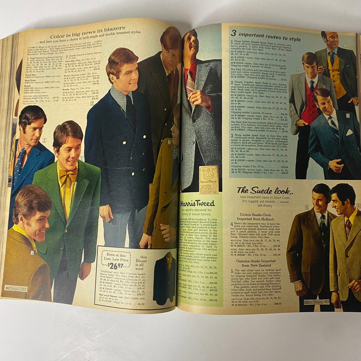 1970 Sears Roebuck and Co. Fall and Winter Catalog depicting fashionable blazers, showcasing bold colors and styles for men, indicative of the fashion trends during the early 1970s.