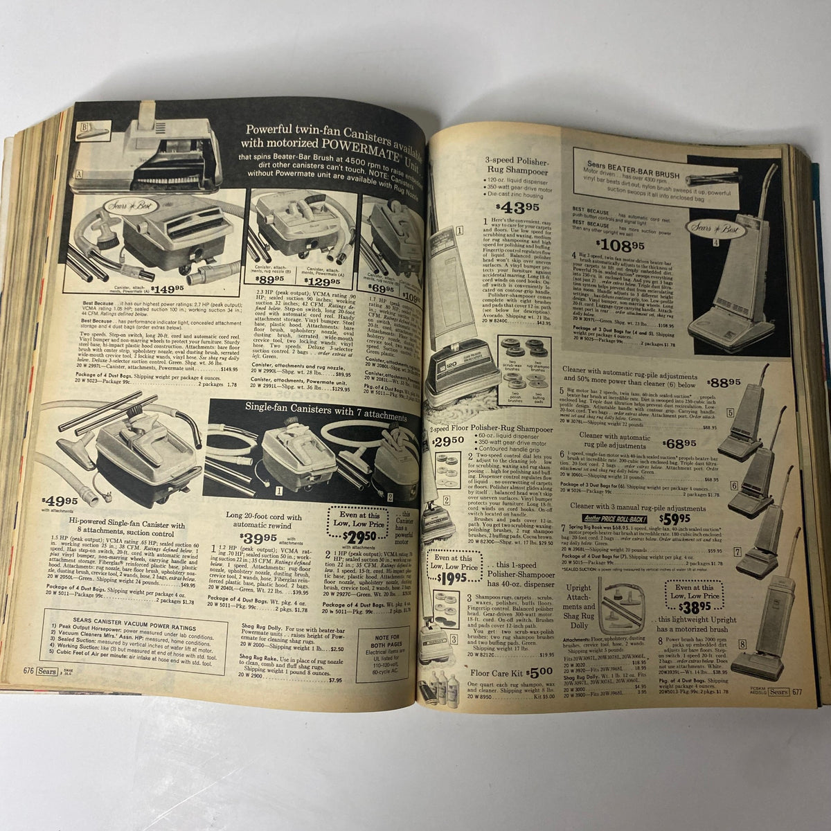 1970 Sears Roebuck and Co. Fall and Winter Catalog displaying various powerful canister vacuum cleaners and related floor care products with detailed descriptions.