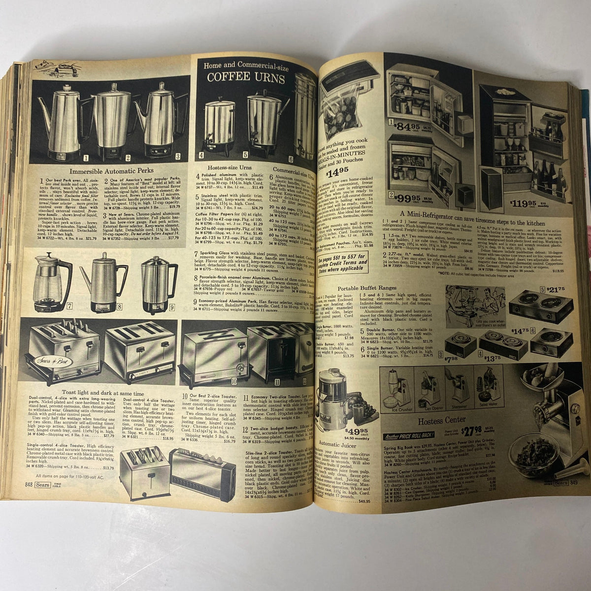 1970 Sears Roebuck and Co. Fall and Winter Catalog presenting a selection of coffee urns and kitchen appliances, along with pricing information and descriptions.