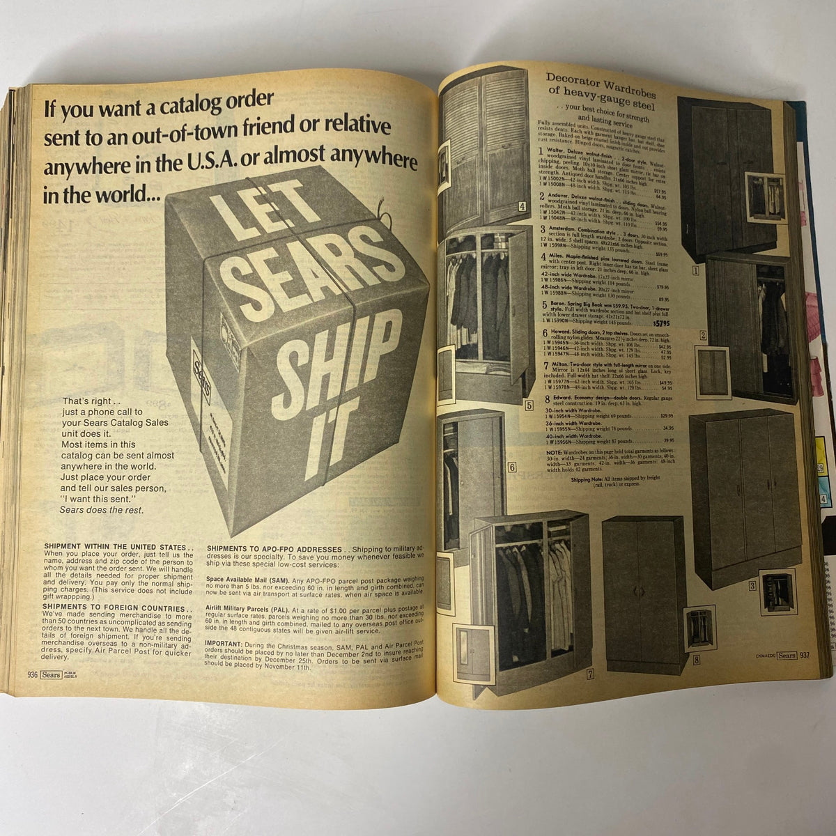 1970 Sears Roebuck and Co. Fall and Winter Catalog emphasizing shipping options available for orders, along with decorative wardrobe storage solutions.
