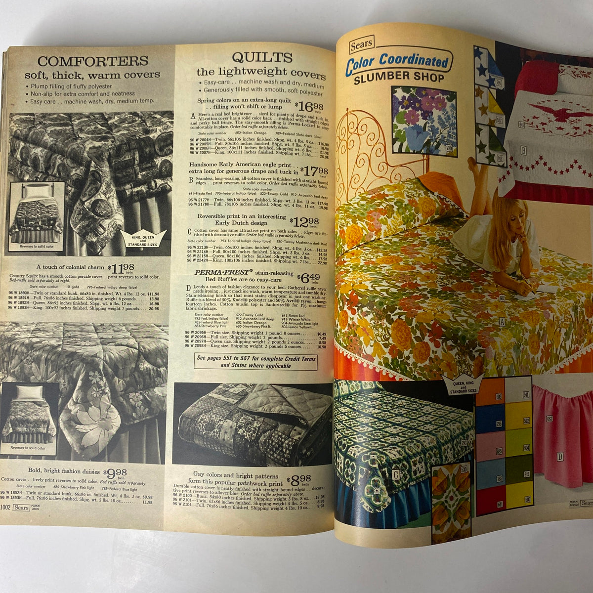 1970 Sears Roebuck and Co. Fall and Winter Catalog page showing comforters and quilts with prices and product descriptions highlighting various fabric styles and designs.