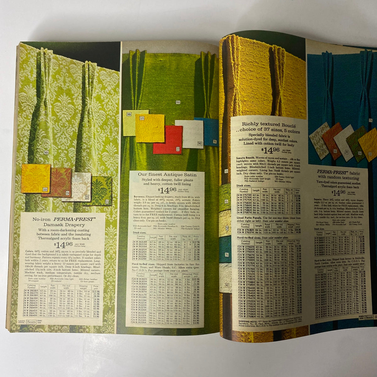1970 Sears Roebuck and Co. Fall and Winter Catalog page featuring no-iron PERMA-PREST Damask Drapery and Antique Satin with color samples and pricing information.
