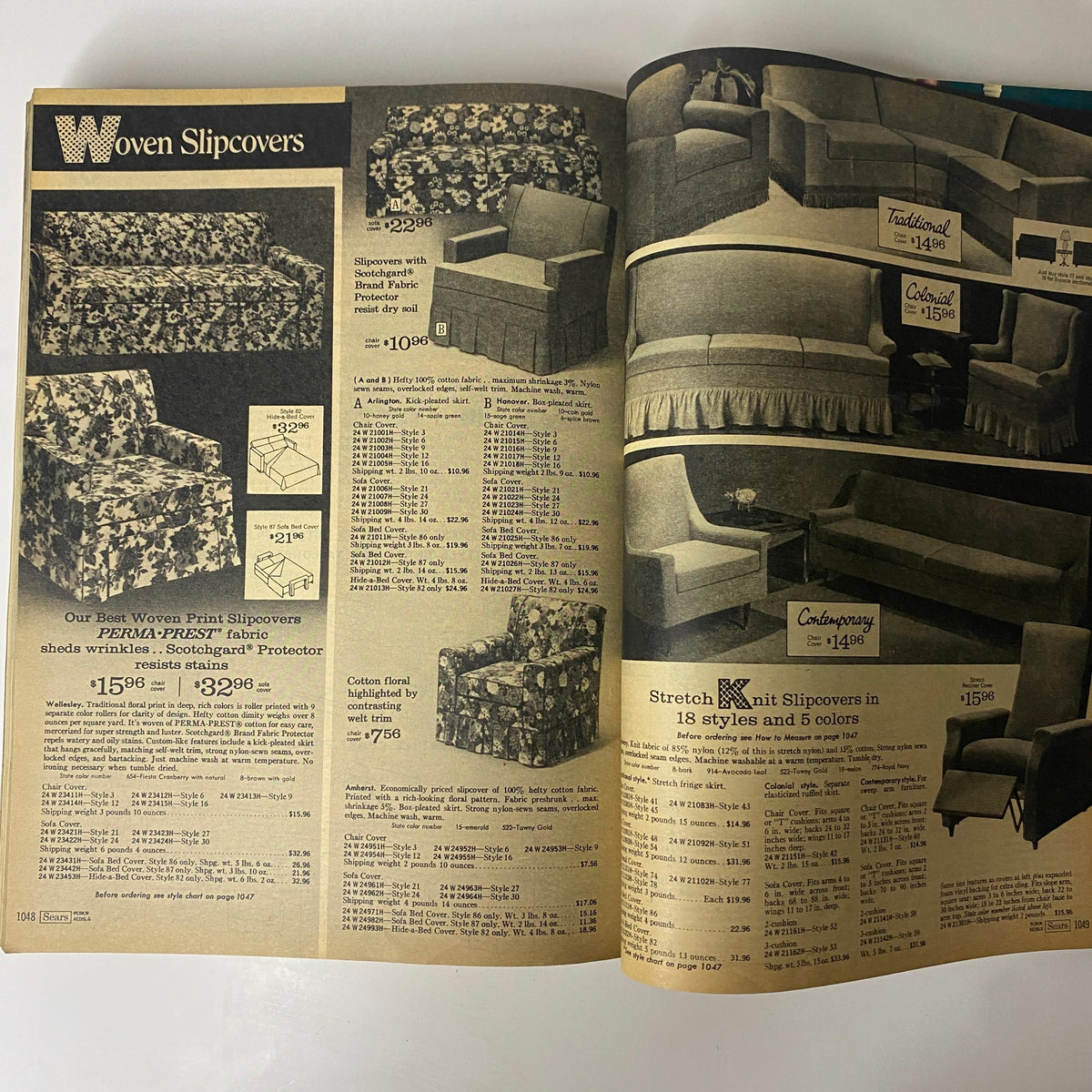 1970 Sears Roebuck and Co. Fall and Winter Catalog page displaying woven slipcovers with detailed pricing and fabric options for different sofa styles.