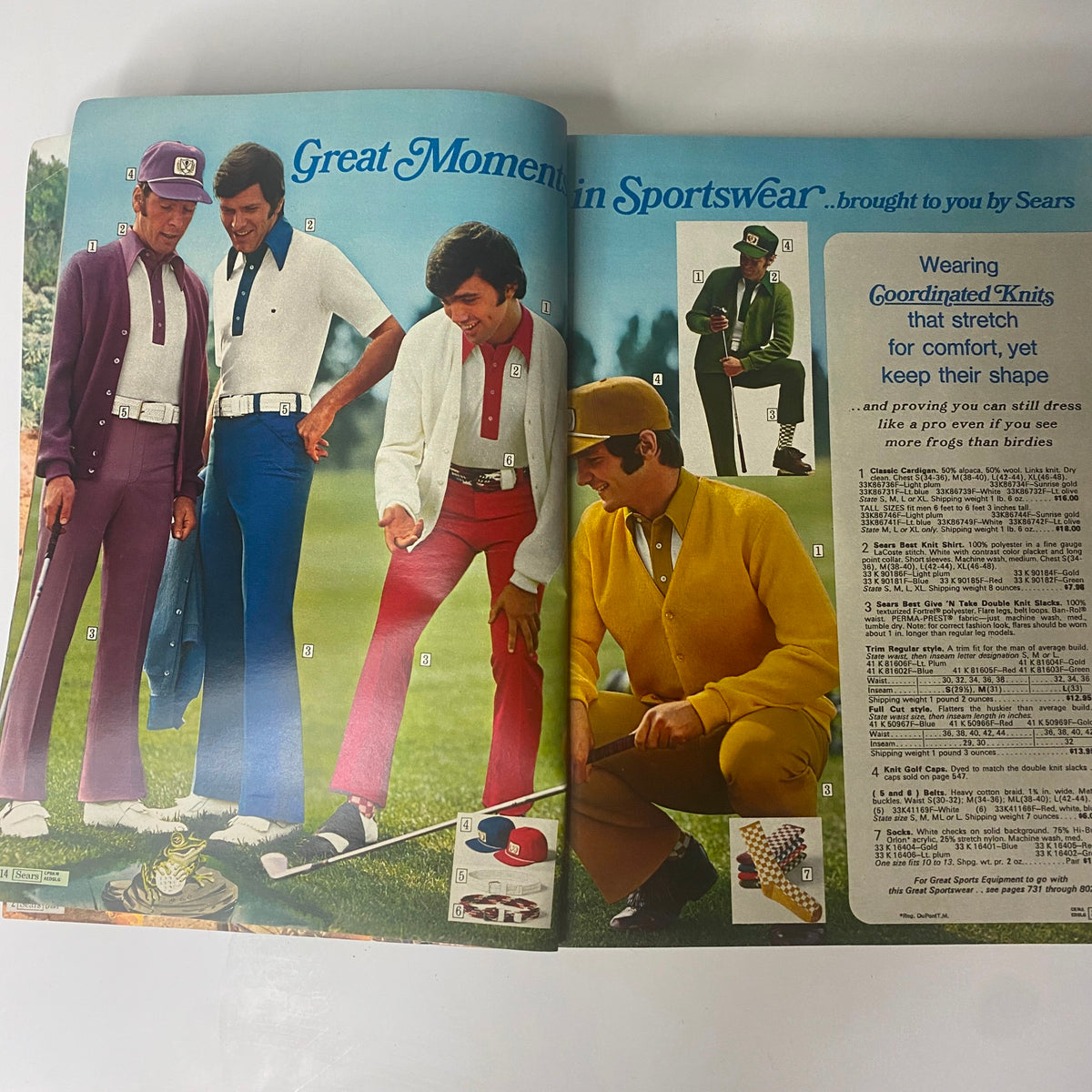 Inside pages of the 1972 Sears Roebuck and Co. Spring and Summer Catalog displaying men's coordinated knits in vibrant colors.