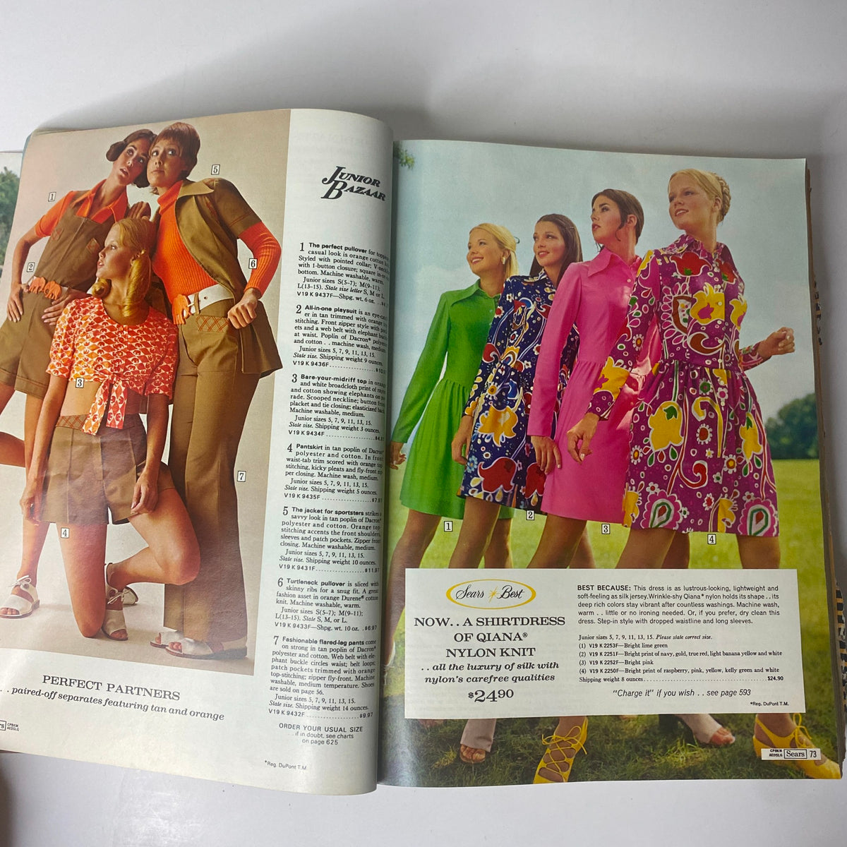 Inside pages of the 1972 Sears Roebuck and Co. Spring and Summer Catalog highlighting colorful dresses and outfits for junior girls.