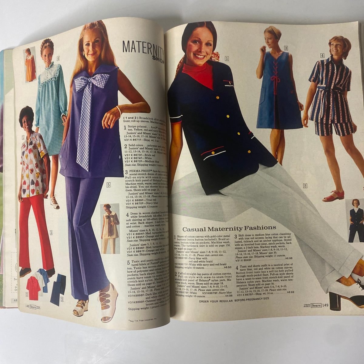 1972 Sears Roebuck and Co. Spring and Summer Catalog showcasing maternity fashion including colorful outfits and stylish designs for mothers-to-be.