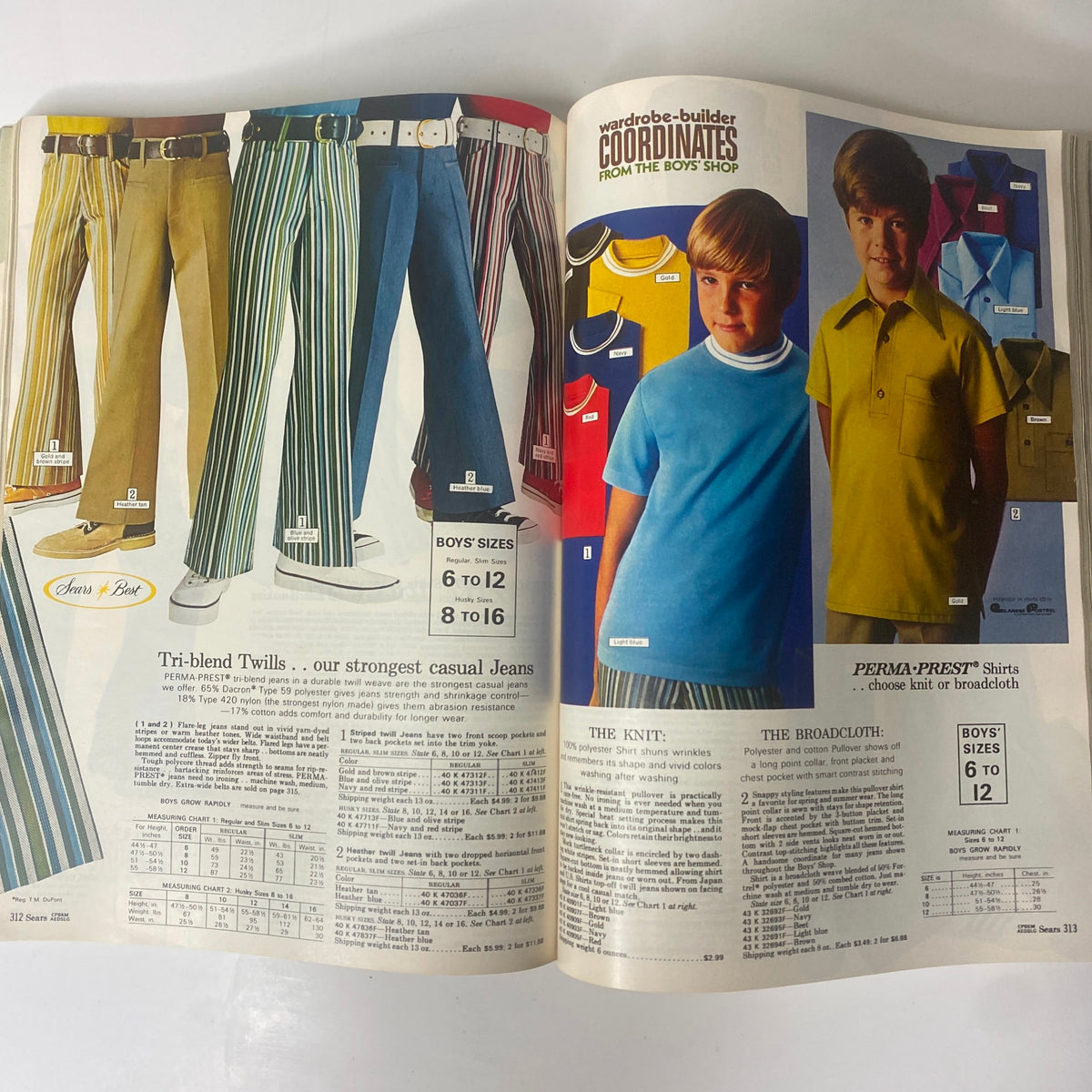 1972 Sears Roebuck and Co. Spring and Summer Catalog with a focus on boys' fashion, featuring striped pants and colorful t-shirts for kids.