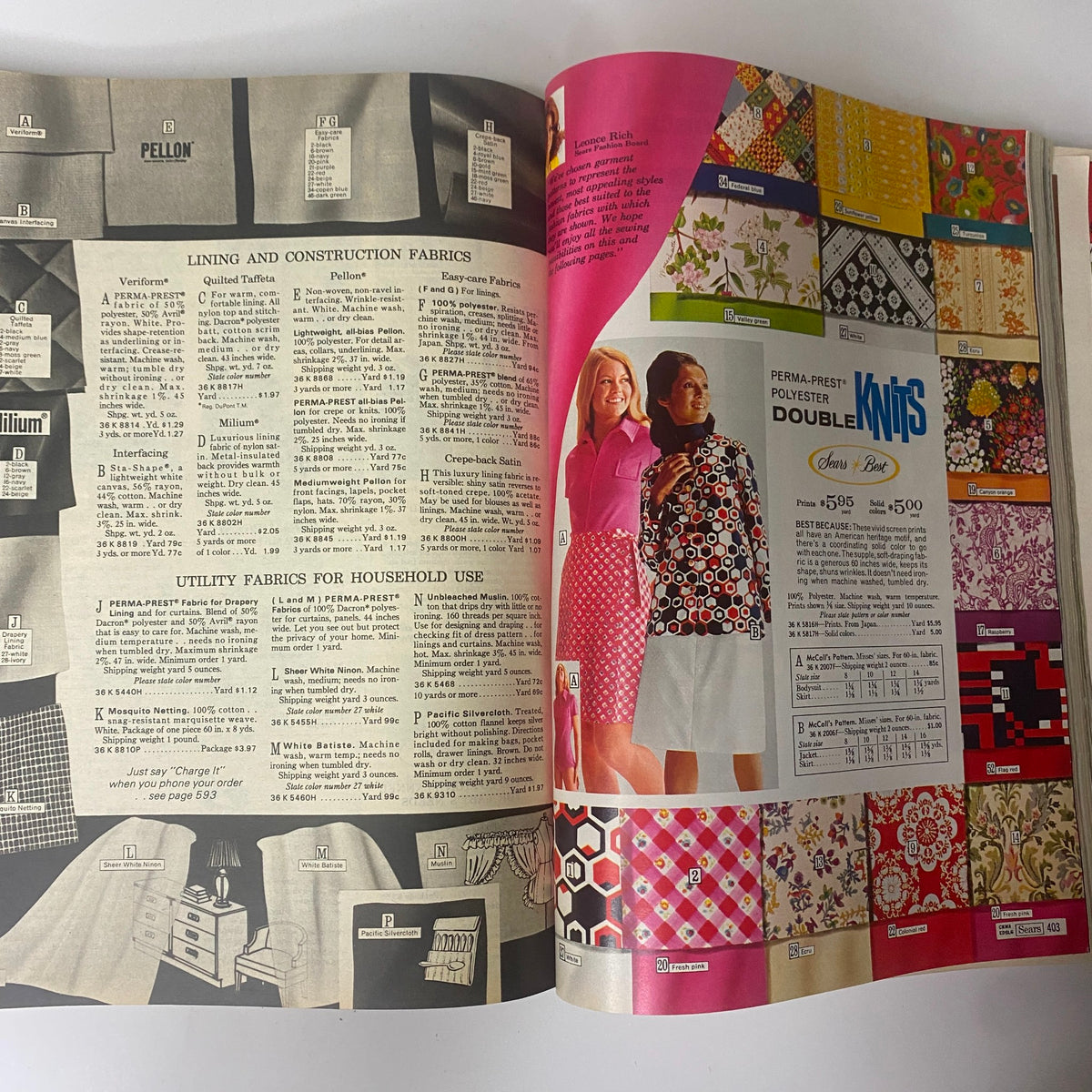 1972 Sears Roebuck and Co. Spring and Summer Catalog displaying various fabrics for sewing and crafting, including vibrant patterns and materials.