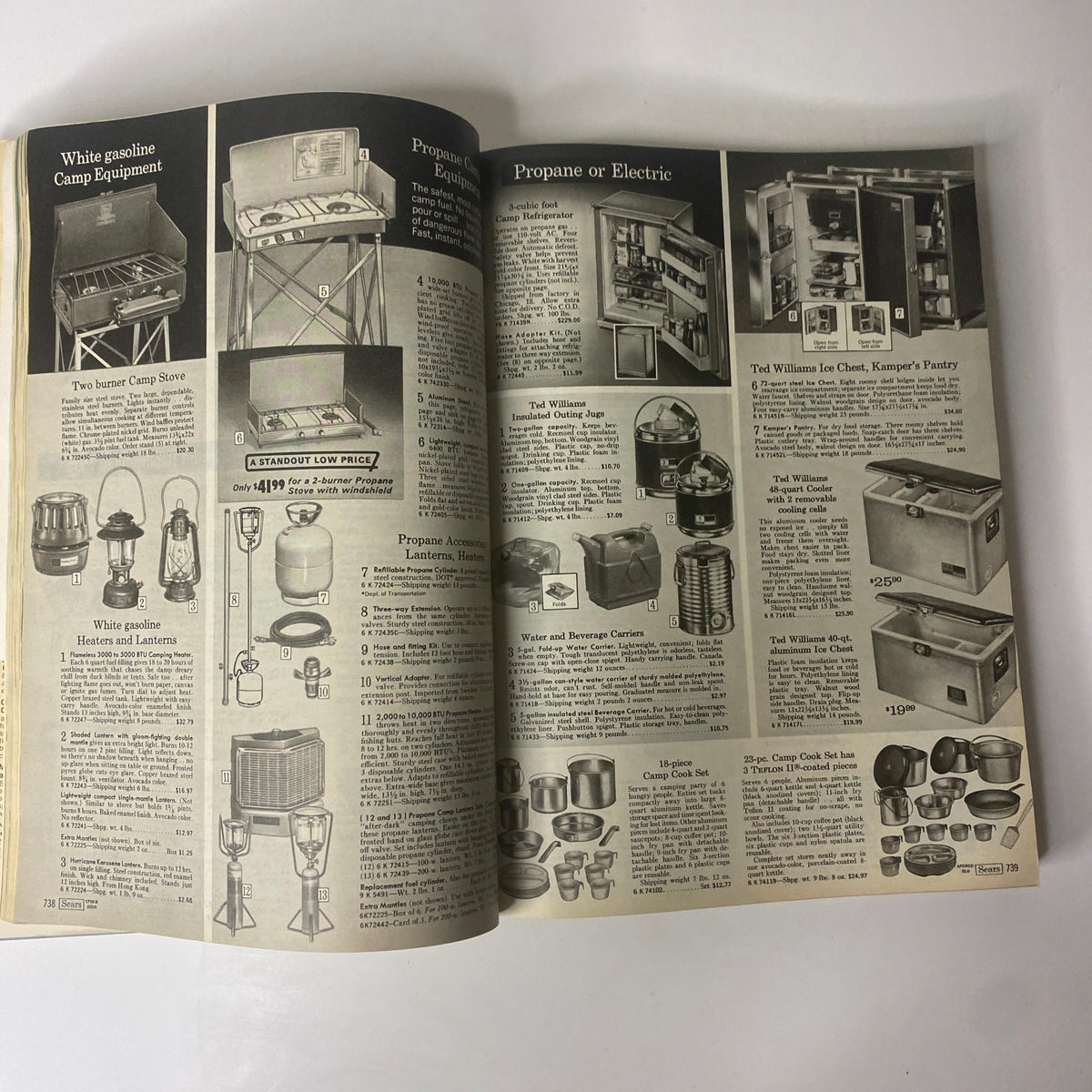 1972 Sears Roebuck and Co. Spring and Summer Catalog highlighting camping equipment, featuring camp stoves and coolers for outdoor enthusiasts.