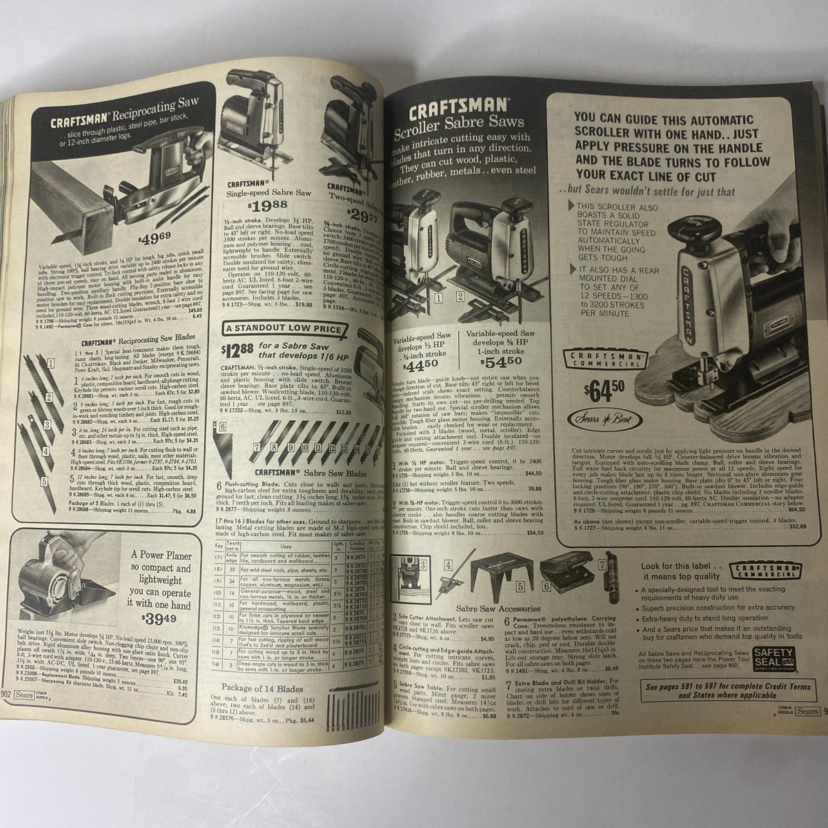 1972 Sears Roebuck and Co. Spring and Summer Catalog featuring power tools and equipment, including sabre saws and accessories for woodworking.