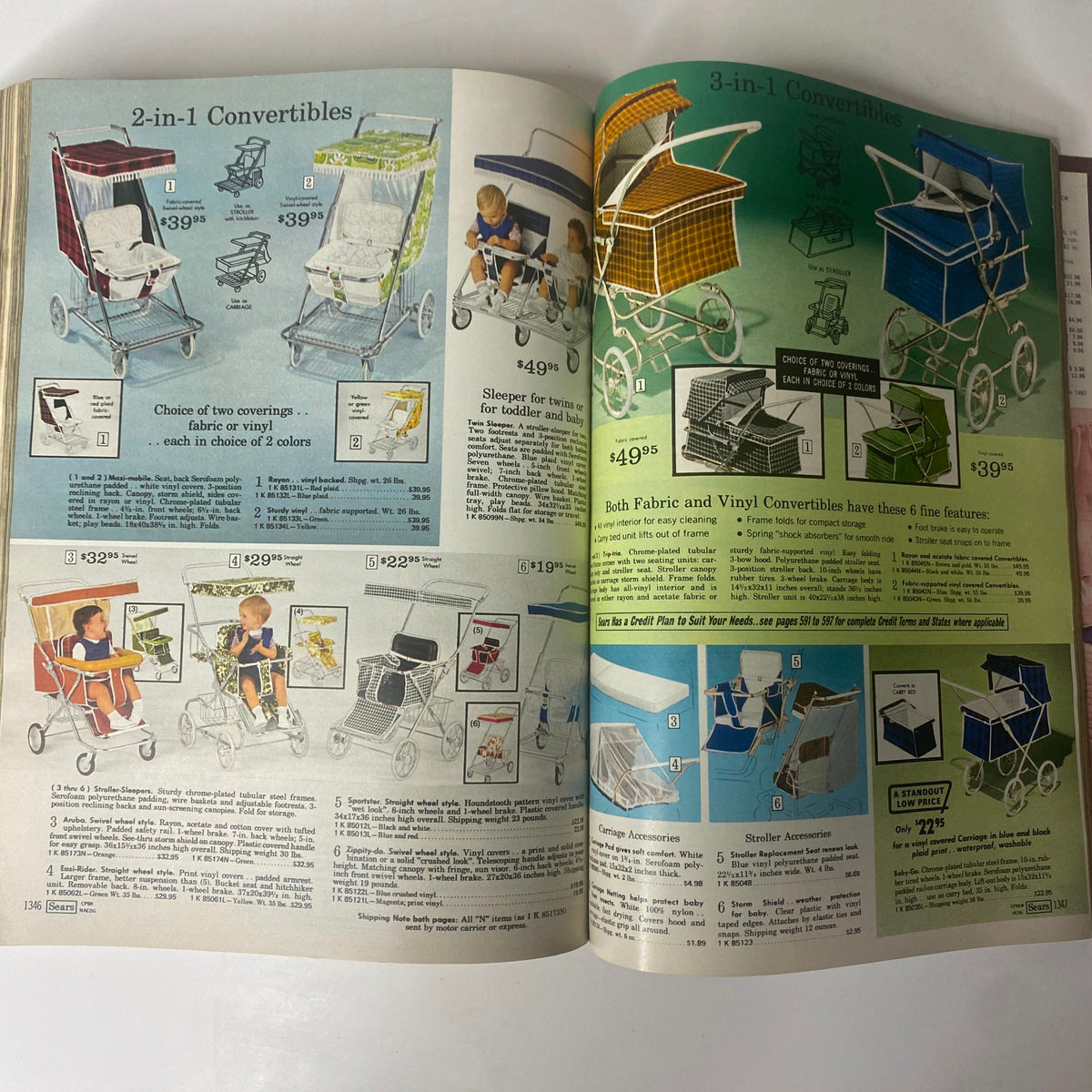 1972 Sears Roebuck and Co. Spring and Summer Catalog showcasing various convertible strollers with pricing and descriptions.