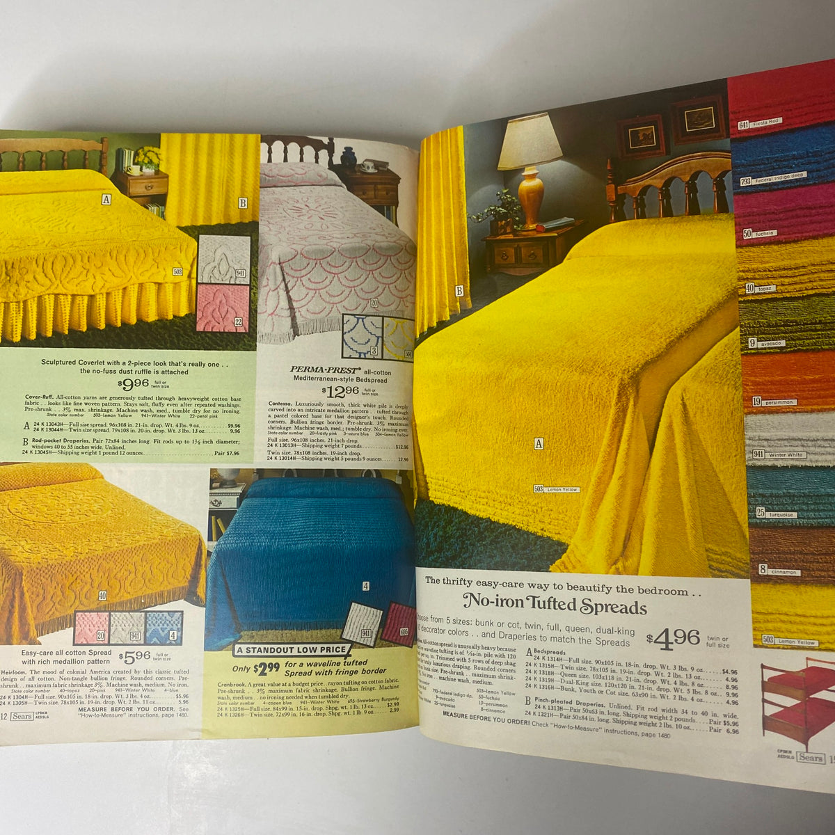 Pages from the 1972 Sears Roebuck and Co. Spring and Summer Catalog featuring tufted bedspreads and colorful decorative options with pricing.