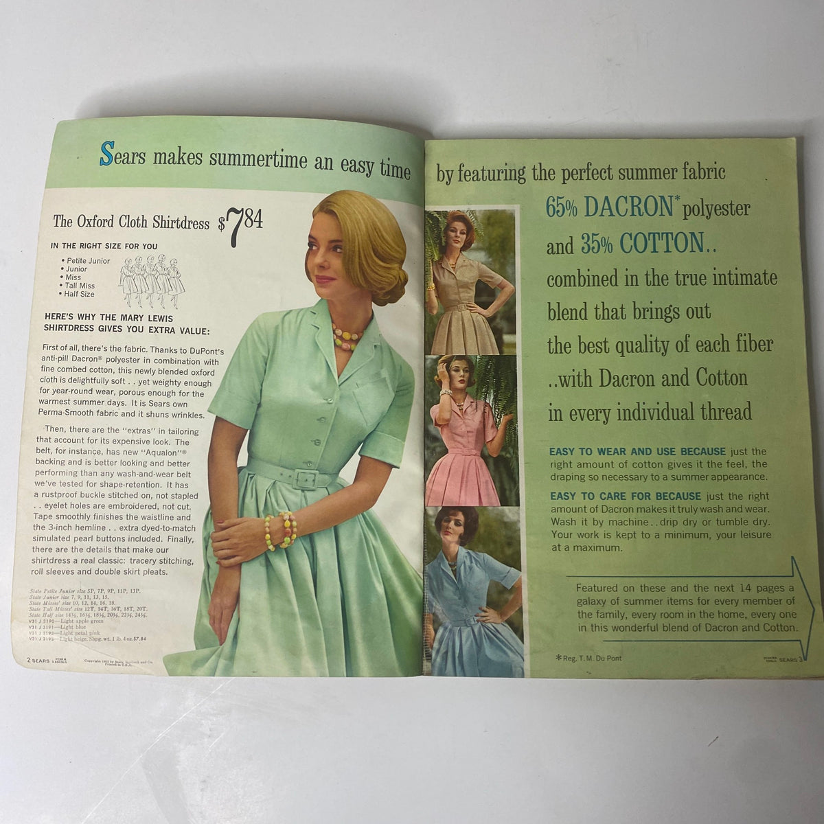 Interior page of the 1962 Sears Roebuck and Co. Summer Book Catalog featuring women's Oxford cloth shirt dresses with prices and fabric details.
