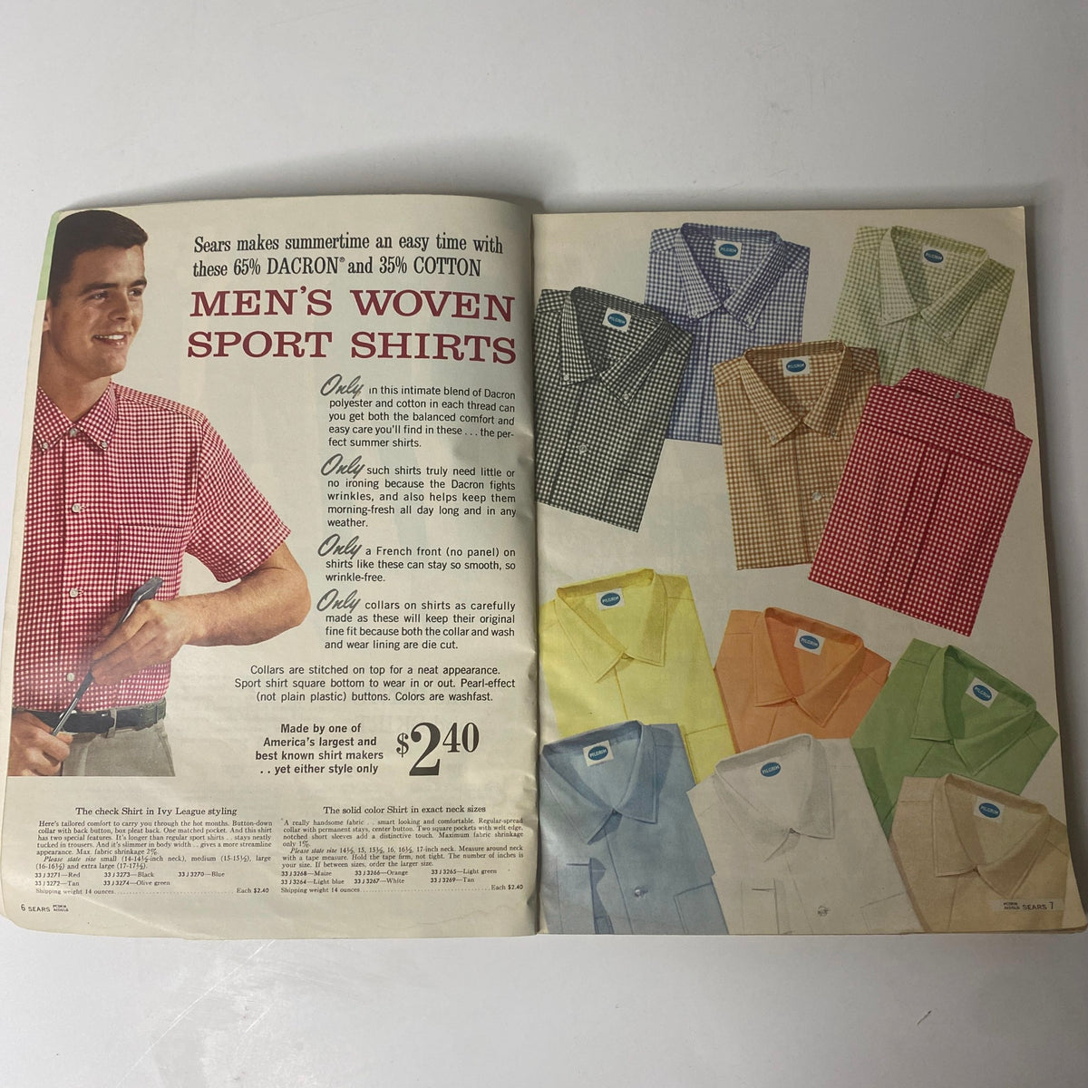 Interior page of the 1962 Sears Roebuck and Co. Summer Book Catalog highlighting men's woven sport shirts with colorful patterns and price information.