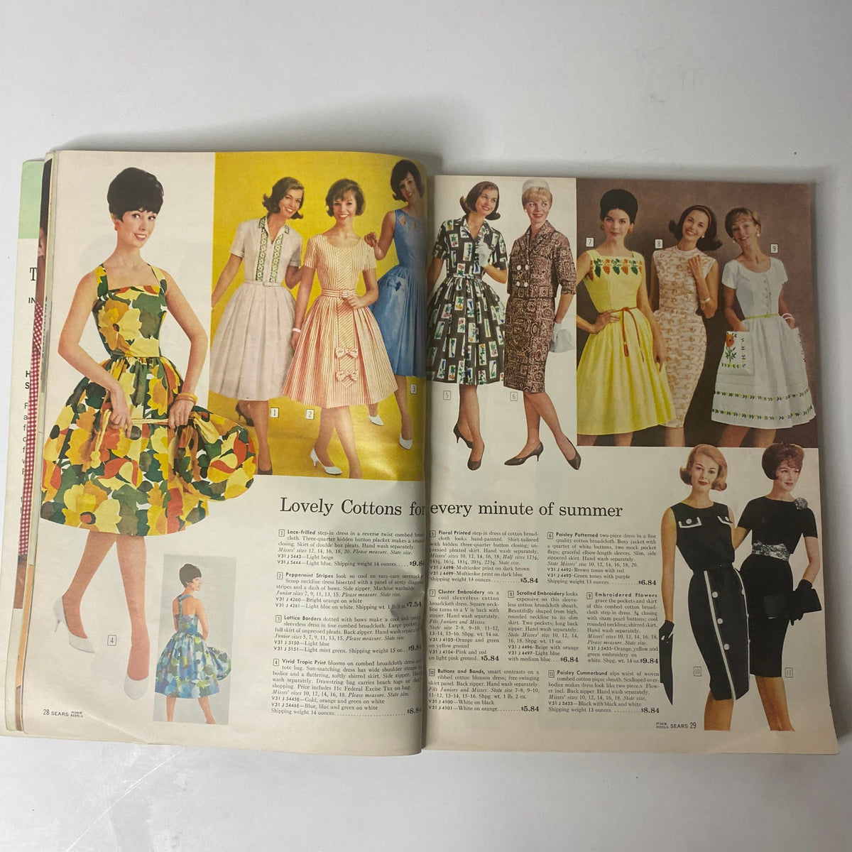 Interior page of the 1962 Sears Roebuck and Co. Summer Book Catalog displaying various styles of cotton dresses worn by models, showcasing vibrant summer fashion.