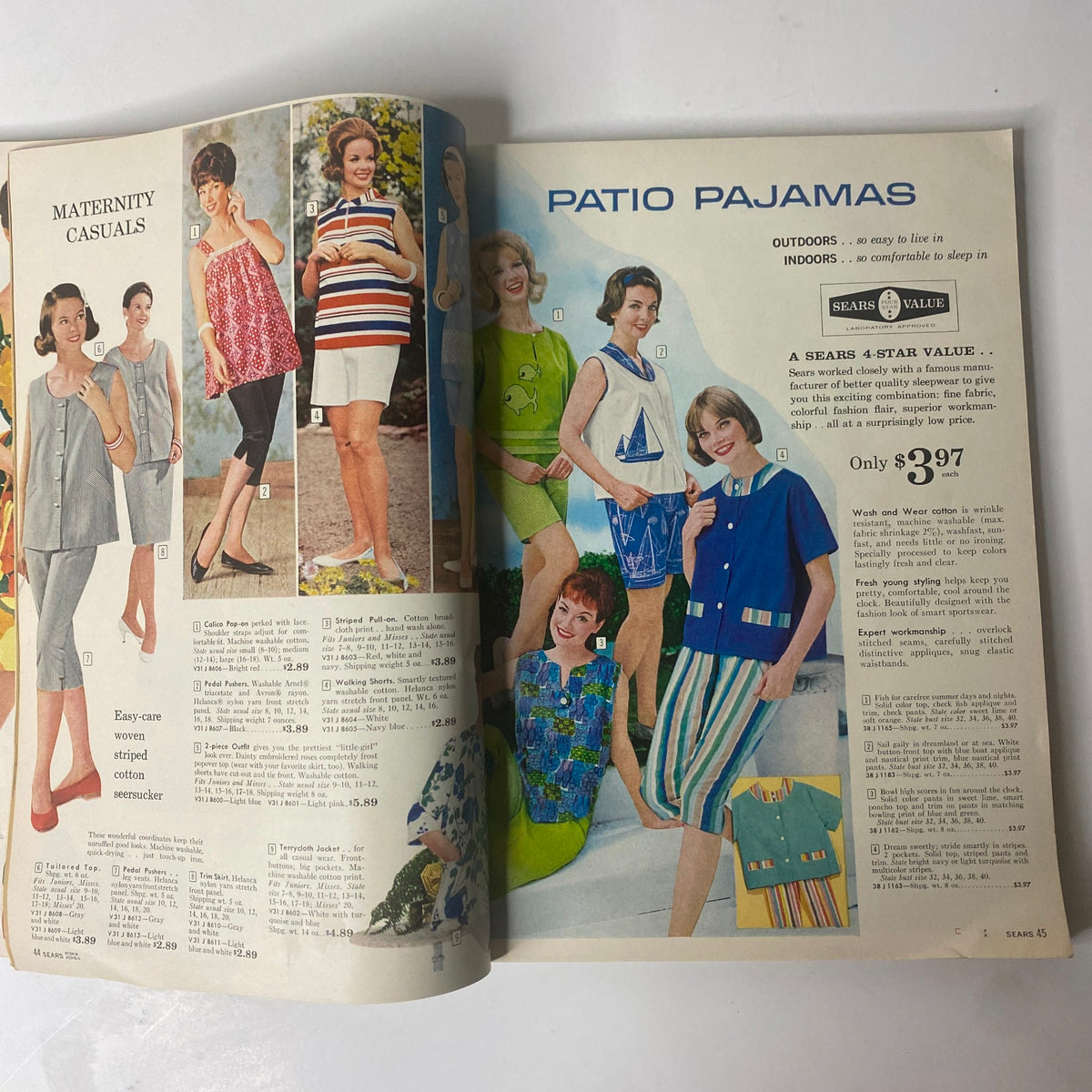 Interior page of the 1962 Sears Roebuck and Co. Summer Book Catalog featuring maternity casuals and patio pajamas, showcasing summer wear for mothers and casual styles.