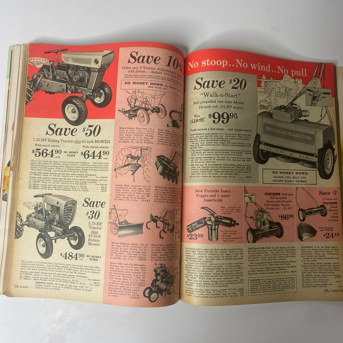 1962 Sears Roebuck and Co. Summer Book Catalog displaying riding tractors and gardening tools with savings highlighted in red.