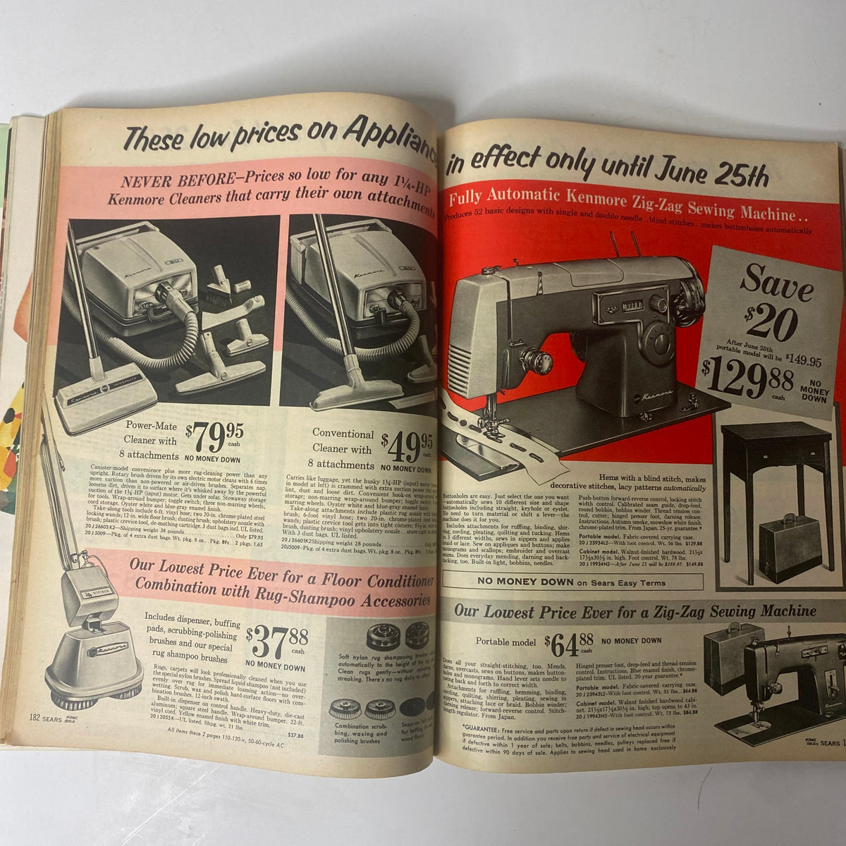 1962 Sears Roebuck and Co. Summer Book Catalog illustrating appliances including Kenmore cleaners and sewing machines, with promotional savings.