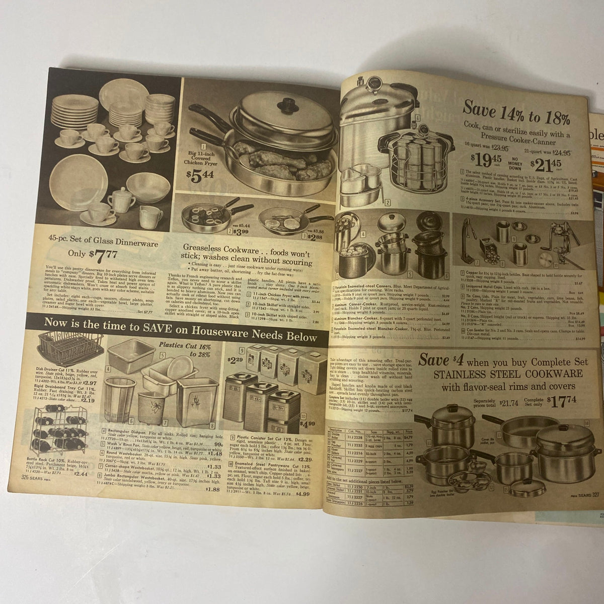 1962 Sears Roebuck and Co. Summer Book Catalog presenting houseware items such as glass dinnerware and stainless steel cookware with competitive pricing.