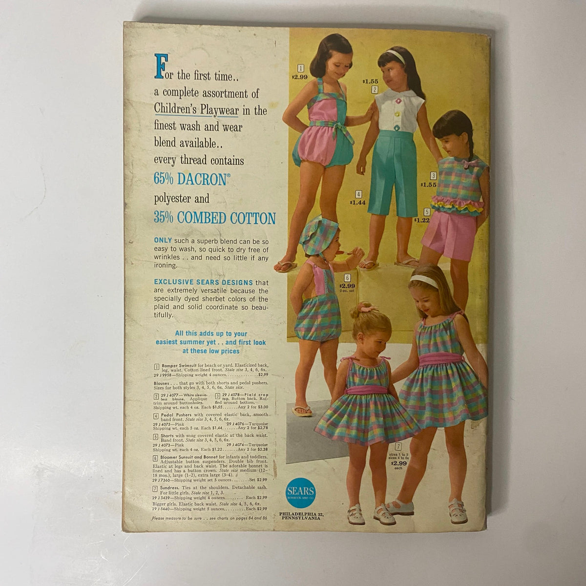 1962 Sears Roebuck and Co. Summer Book Catalog showcasing a colorful assortment of children's playwear, including summer outfits and accessories for kids, highlighting fabric details and pricing.