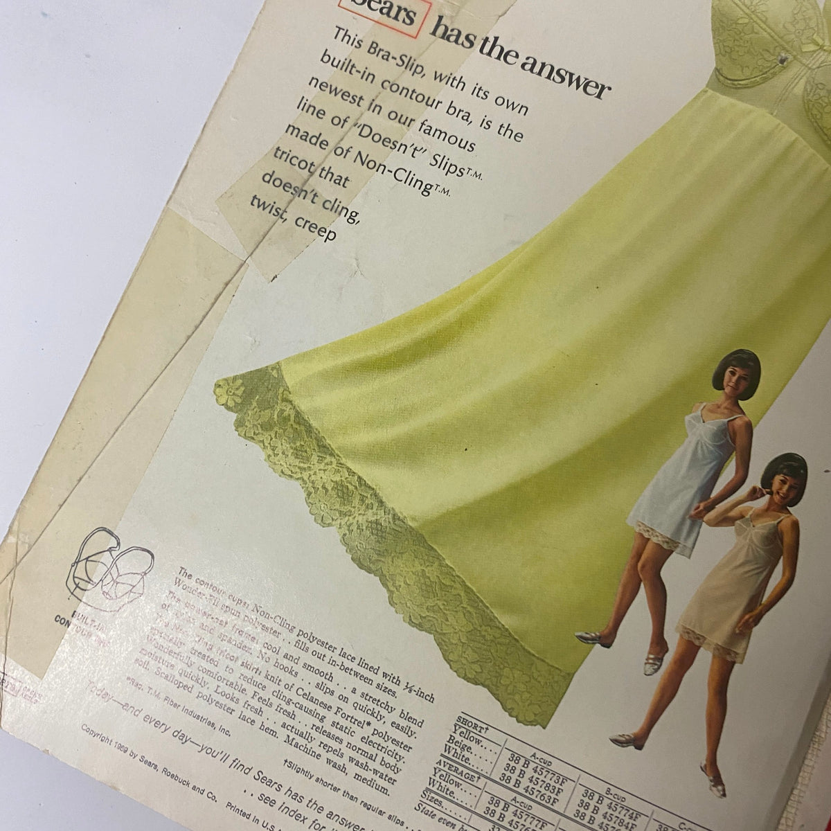 Detailed view of women's lingerie featured in the 1969 Sears Roebuck and Co. Spring and Summer Catalog with descriptive text.