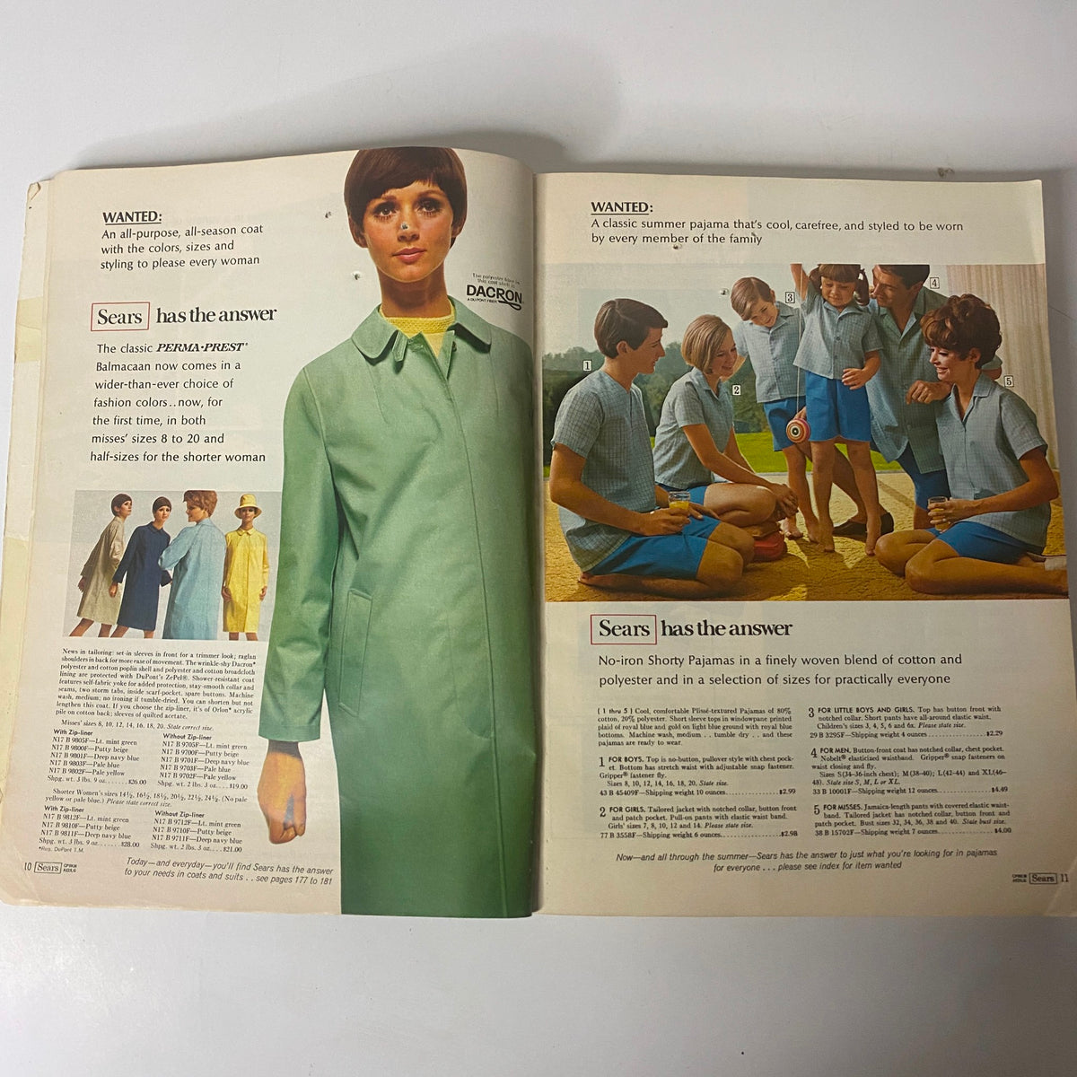 Interior pages showcasing family pajamas and stylish children's clothing in the 1969 Sears Roebuck and Co. Spring and Summer Catalog.