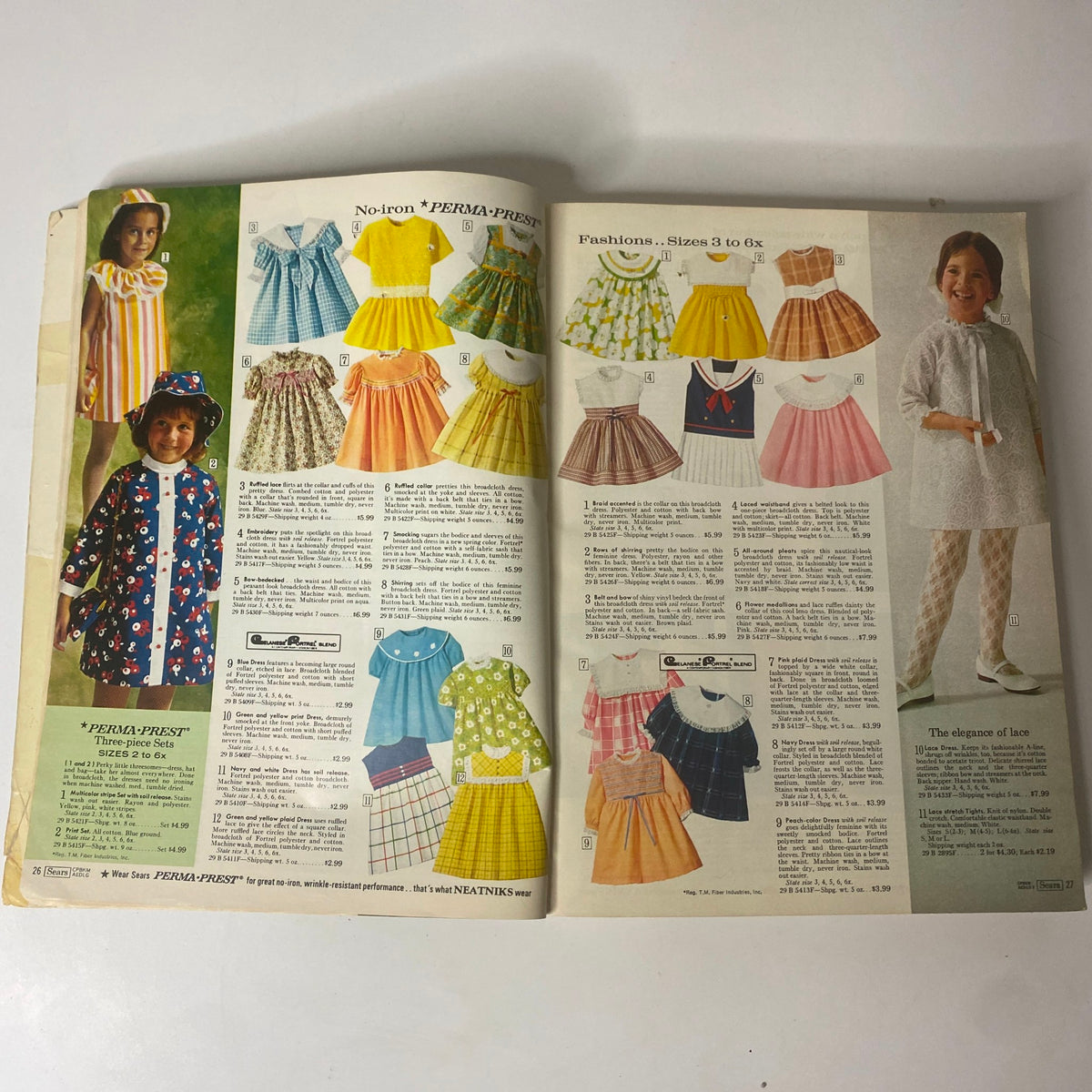 1969 Sears Roebuck and Co. Spring and Summer Catalog showcasing children's No-Iron PERMA-PREST dresses, including stylish designs and vibrant colors, perfect for mid-century fashion enthusiasts.