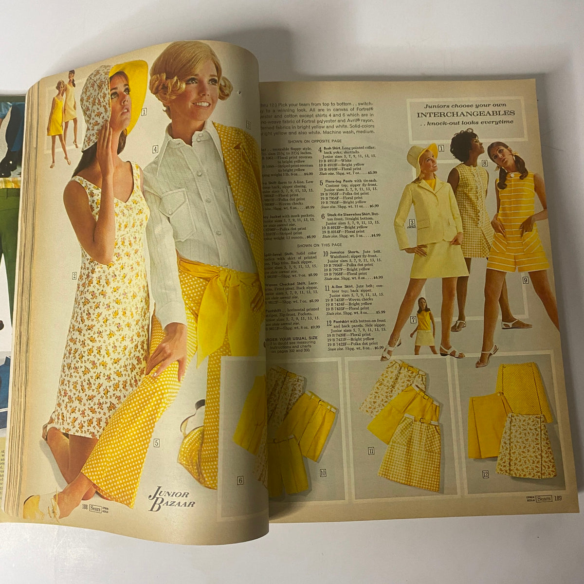 1969 Sears Roebuck and Co. Spring and Summer Catalog with junior fashion including dresses and coordinating outfits in bright yellow patterns, reflecting 1960s fashion trends.