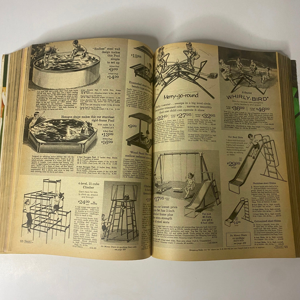 1969 Sears Roebuck and Co. Spring and Summer Catalog highlighting outdoor play equipment including pools, slides, and climbing structures for children, emphasizing fun and active play.