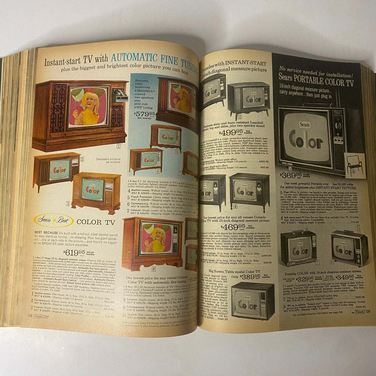 1969 Sears Roebuck and Co. Spring and Summer Catalog featuring color TVs with descriptions, prices, and features related to instant-start technology.