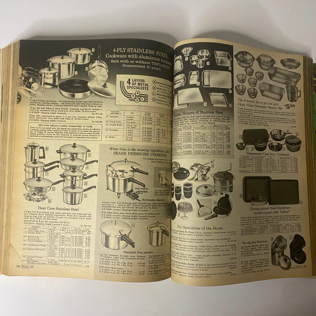 1969 Sears Roebuck and Co. Spring and Summer Catalog displaying 4-ply stainless steel cookware sets and their detailed pricing and specifications.