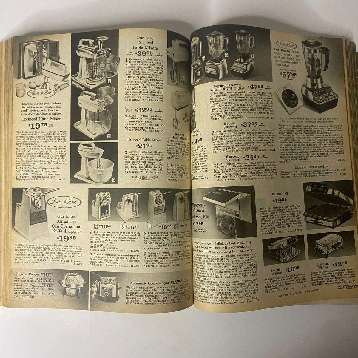 1969 Sears Roebuck and Co. Spring and Summer Catalog illustrating various kitchen appliances including mixers and blenders with detailed prices.