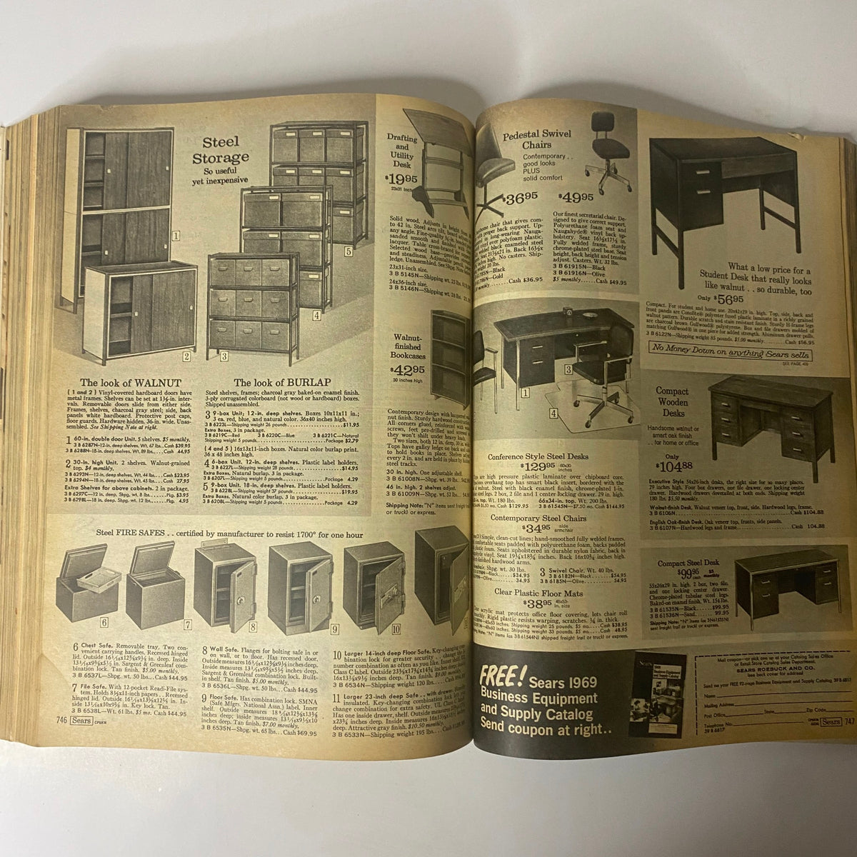 Interior page from the 1969 Sears Roebuck and Co. Spring and Summer Catalog, featuring steel storage furniture, including desks, bookshelves, and pedestals, with prices listed.