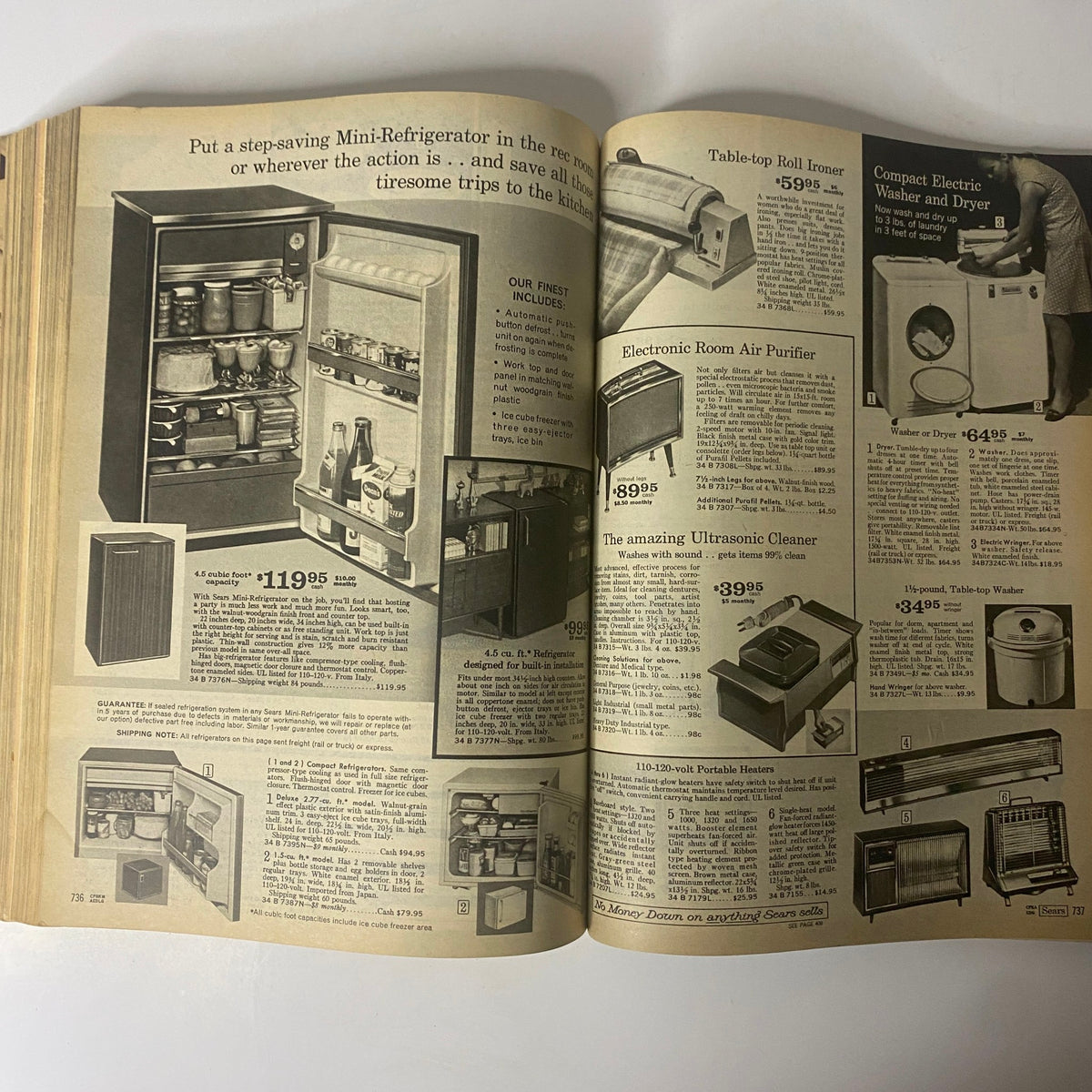 Interior page from the 1969 Sears Roebuck and Co. Spring and Summer Catalog, showcasing home appliances such as mini-refrigerators, air purifiers, and washing machines with descriptions and prices.