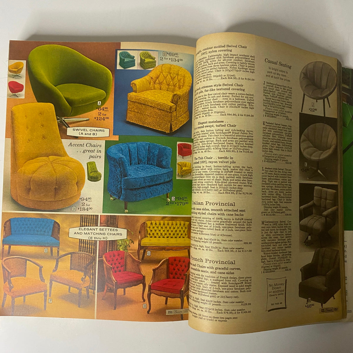 Interior page from the 1969 Sears Roebuck and Co. Spring and Summer Catalog, displaying colorful accent chairs and swivel chairs with detailed pricing information.