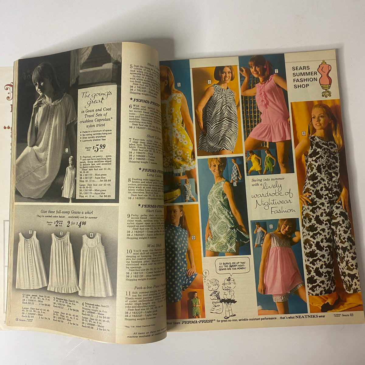 1969 Sears Roebuck and Co. Summer Catalog image highlighting a selection of nightwear and summer fashion, including vibrant patterns and casual styles prevalent in the 1960s.