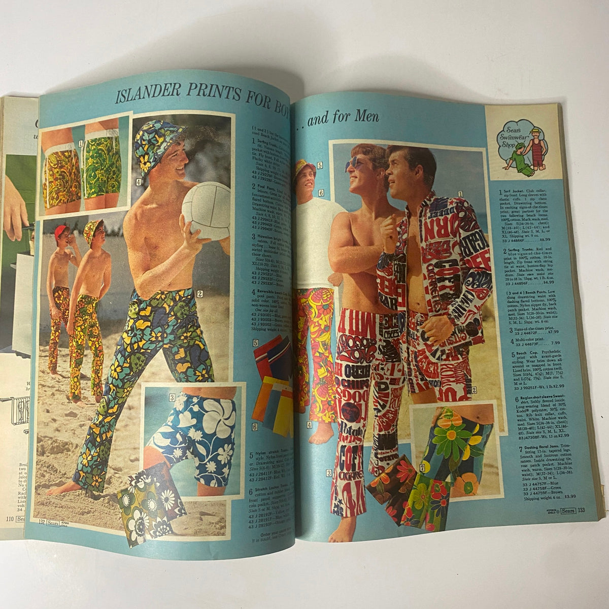 1969 Sears Roebuck and Co. Summer Catalog showcasing vibrant summer fashion for boys and men, featuring islander prints swimwear and accessories.